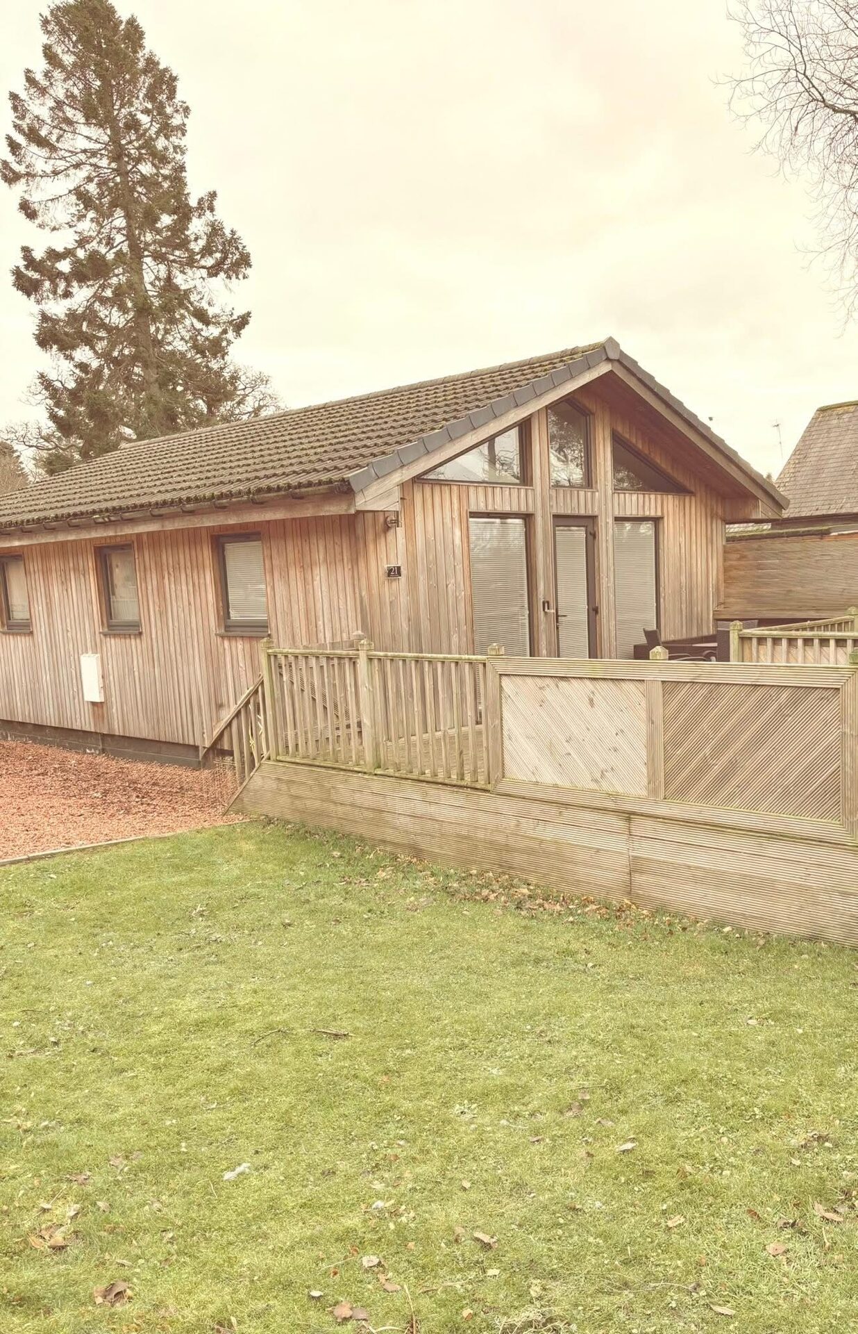 Little Fawn Lodge, a timber-clad lodge with a pitched roof, set against pine trees and open lawn